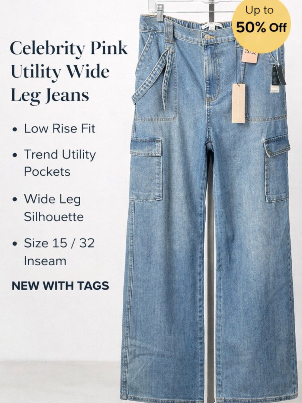Celebrity Pink Utility Wide Leg Jeans 15/32 Low Rise Light Wash NWT